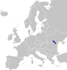 Blue CMYK national map of MOLDOVA inside simplified gray blank political map of European continent on transparent background using Mercator projection