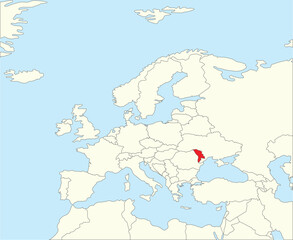 Red CMYK national map of MOLDOVA inside simplified beige blank political map of European continent on blue background using Winkel Tripel projection