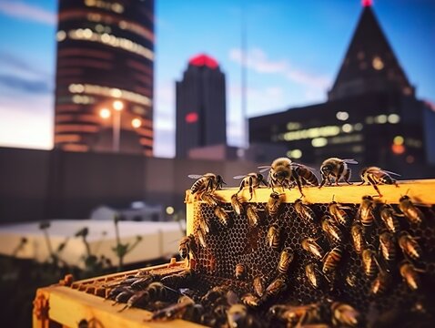A photo-realistic image of a bee hive on a rooftop with a city skyline in the background. Urban beekeeping.