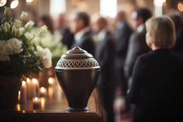 A Funeral urn with ash stands with flowers in a cemetery chapel just before the funeral service. Farewell to the deceased in church.