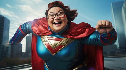 Funny Fat Asian-looking woman in superhero costume against a backdrop of urban infrastructure running - obrazy, fototapety, plakaty