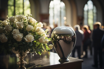 A Funeral urn with ash stands with flowers in a cemetery chapel just before the funeral service. Farewell to the deceased in church. - obrazy, fototapety, plakaty