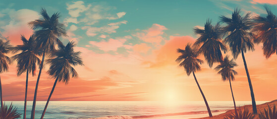 Palm trees on tropical beach at sunset - obrazy, fototapety, plakaty