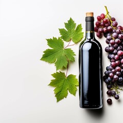 Bottle of red wine with ripe grapes and vine leaves on white background. Copy space, top view