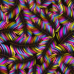 Colorful multicolored palm leaves in a seamless pattern.