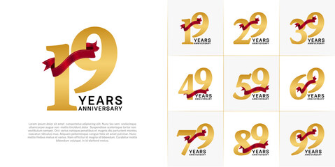 Set of Anniversary Logotype gold color with red ribbon can be use for special day celebration