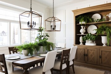 A modern and bright dining room in a cozy home, combining rustic and elegant style with greenery.