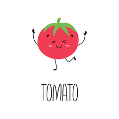 Hand drawn funny tomato character. Card with vegetable name. Vector illustration