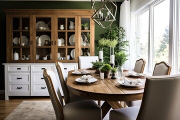 A bright and modern dining room in a cozy home with stylish furniture, rustic accents and greenery.