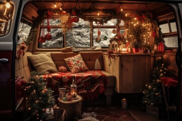 Fototapeta na wymiar A beautifully decorated RV for Christmas with warm lights, festive decorations and a cozy, welcoming atmosphere.