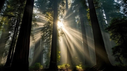Fototapeta na wymiar the sun shines through redwood trees with fog, Sunlight through redwood forest with tall trees. a serene forest scene with sunlight filtering through the foliage, 