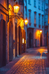Fototapeta na wymiar A nighttime cityscape with illuminated architecture and cobblestone alley.
