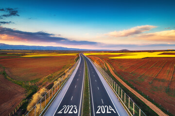 Year 2023 toward 2024 new year road of highway sunset nature landscape