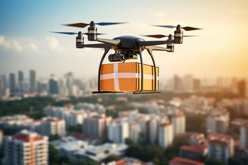 Drone delivery flying with package in the city. UAV drone delivery delivering big brown post package into urban city.Unmanned aircraft system UAS.