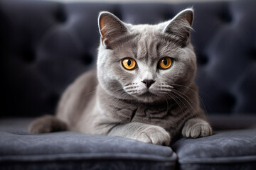 beautiful grey cat on a couch in the living room photography, Generative AI