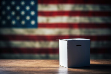 Ballot box on a wooden table with a blurred usa flag in the background. Generative AI