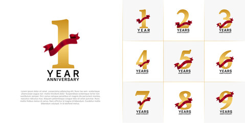 Set of Anniversary Logotype gold color with red ribbon can be use for special day celebration
