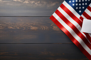 USA flag on a wooden table with a blank sheet of paper. Generative AI - obrazy, fototapety, plakaty