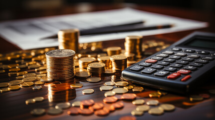 Coins and calculator on the table. Business and finance concept.