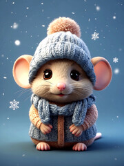 Cute little mouse wearing knitted winter hat