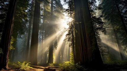the sun shines through redwood trees with fog, Sunlight through redwood forest with tall trees.  a serene forest scene with sunlight filtering through the foliage, 