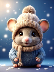Cute little mouse wearing knitted winter hat
