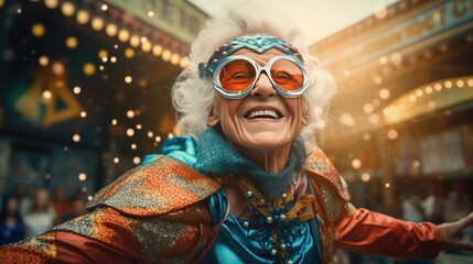 An elderly woman in a superhero costume on a street in front of a lighted garland with a funny mask on her face - obrazy, fototapety, plakaty