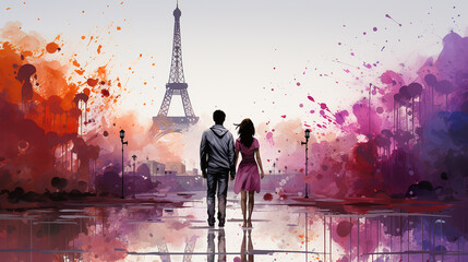 couple in love near Eiffel Towerh in Paris - obrazy, fototapety, plakaty