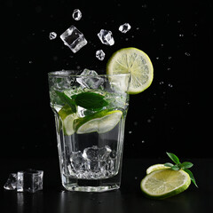 Glass with mojito cocktail and limes