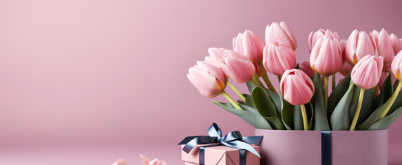 Fresh tulips and a box with a gift. Copy Space. Happy Valentine's Day, Mother's Day, International Women's Day, Birthday card