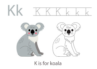 Tracing alphabet letters with cute animals. Color cute gray koala. Trace letter K.