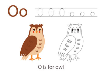 Tracing alphabet letters with cute animals. Color cute owl. Trace letter O.