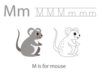 Obraz premium Tracing alphabet letters with cute animals. Color cute mouse. Trace letter M.