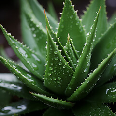 A frontal close-up of an aloe vera plant, capturing the texture of its thick, succulent leaves.