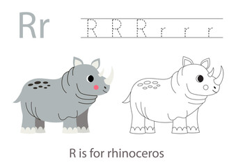 Tracing alphabet letters with cute animals. Color cute rhinoceros. Trace letter R.