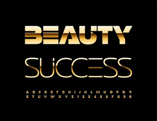 Vector Trendy Emblem Beauty Success. Futuristic Gold Alphabet Letters and Numbers set. Unique glossy Font