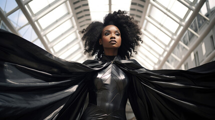 Beautiful African looking girl in black superhero costume against urban background. Concept of a determined leader, businesswoman. Cosplay - Powered by Adobe