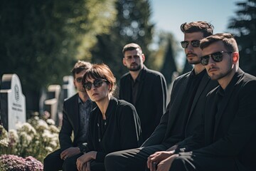 A group of mourners, elegantly dressed, pays respects at a graveyard under a sunny sky.
