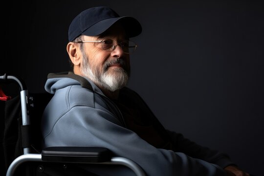 A thoughtful elderly man in a wheelchair, wearing a cap and hoodie, posing in a studio.