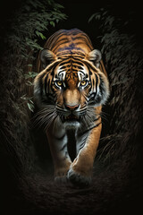 Fototapeta premium beautiful tiger in the forest front view, Generative AI
