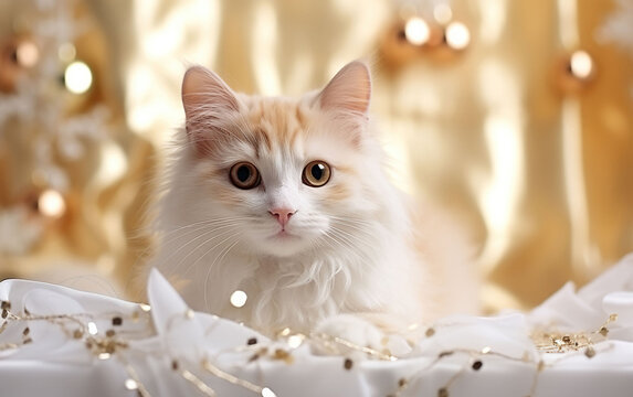 beautiful white and yellow cat festive photography, Generative AI