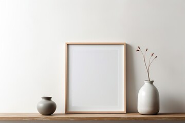 Vertical frame mock up for art on a wooden shelf against a white wall with vases 