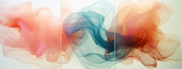 Colorful smoke, mist billowing in front of a white background. Image created by Generative AI.