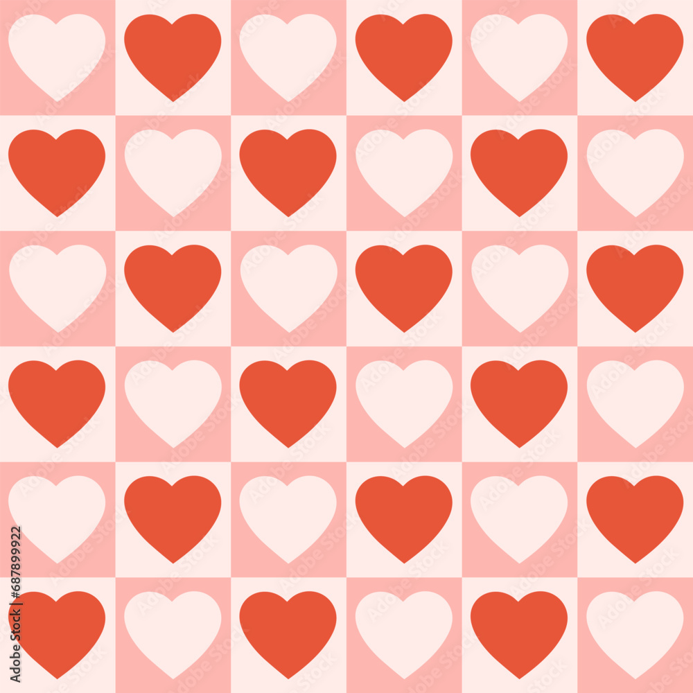 Aufkleber monochrome seamless pattern with hearts on a checkered background. modern retro illustration for dec