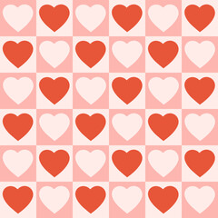 Monochrome seamless pattern with hearts on a checkered background. Modern retro illustration for decoration. Aesthetic vector print in style 60s, 70s. 