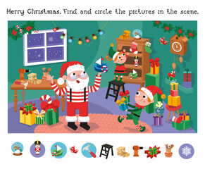 Find the hidden objects in the picture. Educational puzzle game for children.  Cute Santa and Elves making gifts for children. Christmas workshop. Winter Christmas holidays. Vector illustration.