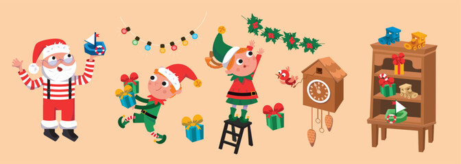 Cute Santa and elf make presents for children. Santa Claus workshop. Winter Christmas holidays. Vector cartoon isolated illustrations, set for design.