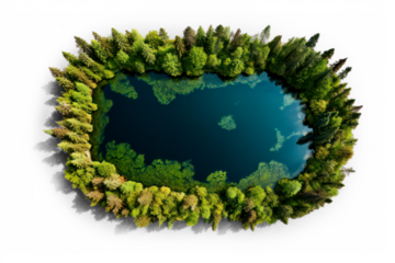 Lake surrounded green forest with spruces and pines, isolated on transparent background, png file
