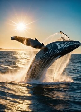 National geographic award winning drone photograph of a humpback whale spraying and spouting water above the surface, exciting movement, bright light, film grain, lens flare, bright morning sky, kodac