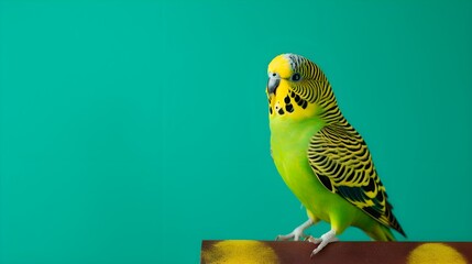 budgerigar looking to side on light green background, studio shot, copy space. Generative AI